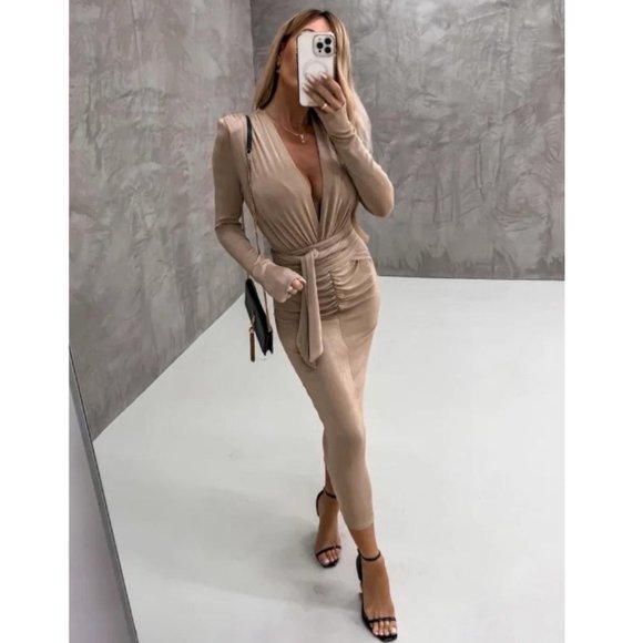 Tan Long Sleeve Bodycon Dress with Plunge Neckline - Picture 2 of 7